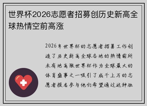 世界杯2026志愿者招募创历史新高全球热情空前高涨